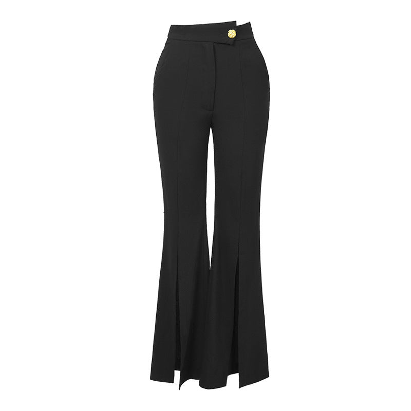 Women's High Waist Black Draping Slit Bootcut Pants