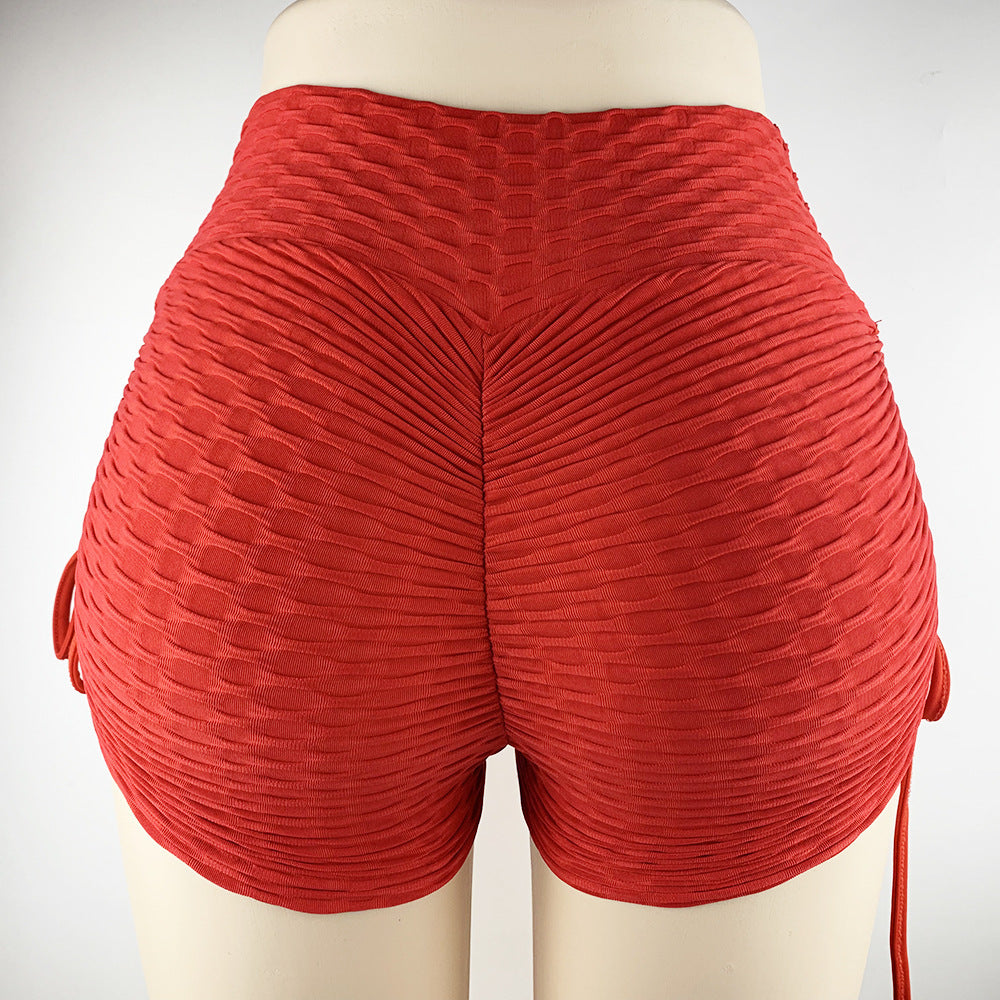 Drawstring Textured Butt Lift Shorts - Gym Workout & Yoga Fitnes