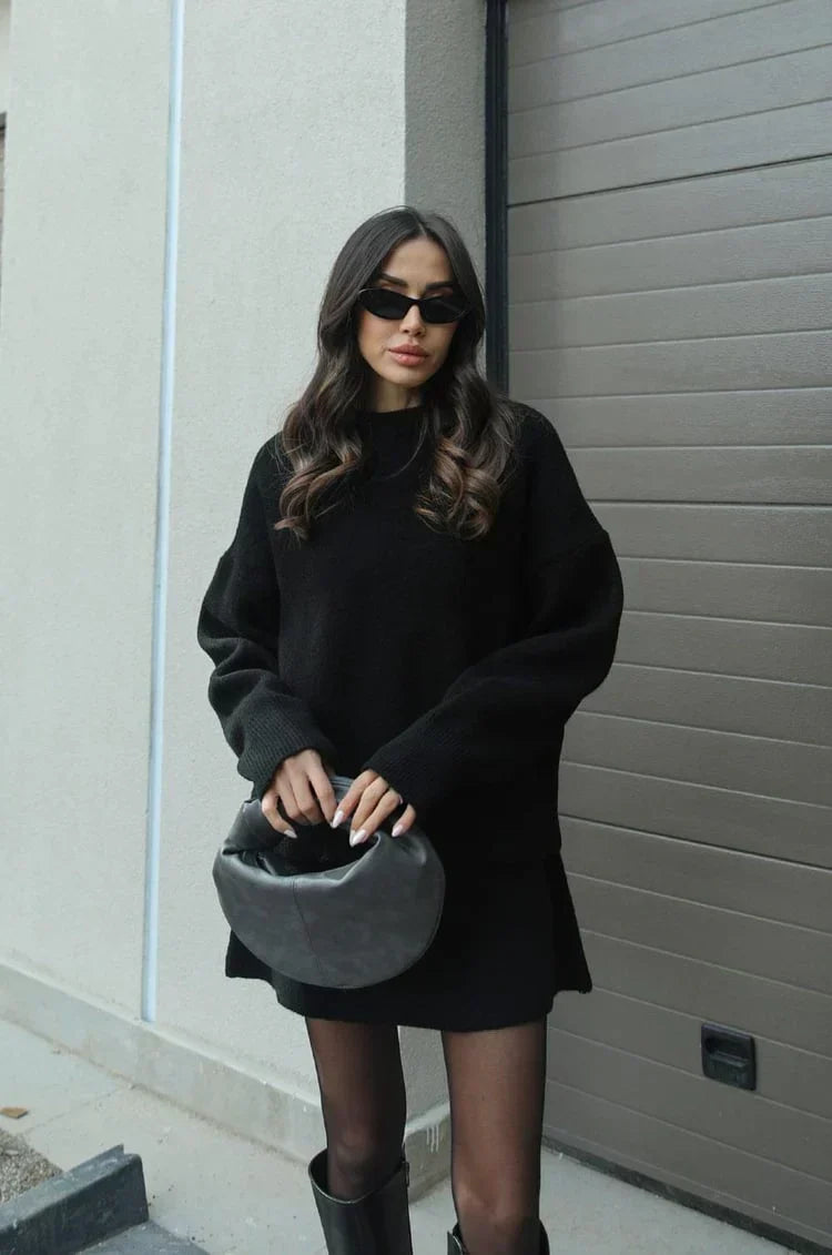 Elegant Women's Knitted Skirt Suit Set | O-Neck Pullover & High-Waist Short Skirt